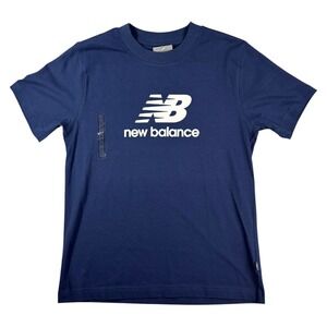 New Balance Stacked Logo Tee Shirt Men Medium Navy Blue Graphic Print Athleisure